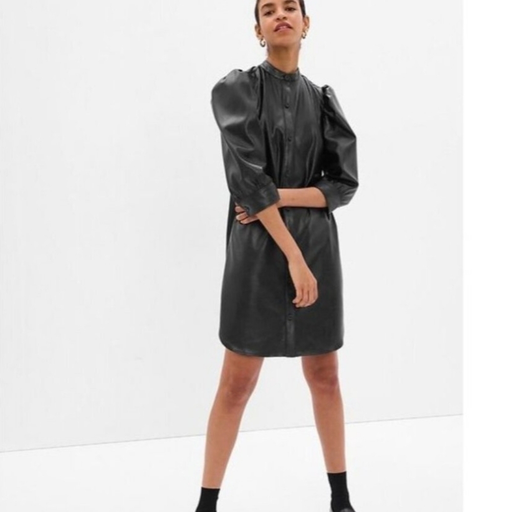 Gap Puff Sleeve Faux-Leather Mini Shirtdress